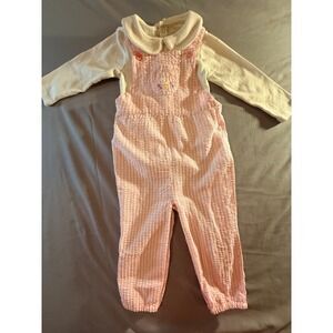 JoJo Maman Bebe Pink Seersucker Bunny Overalls & Cream Top Set Baby 18-24m NWOT